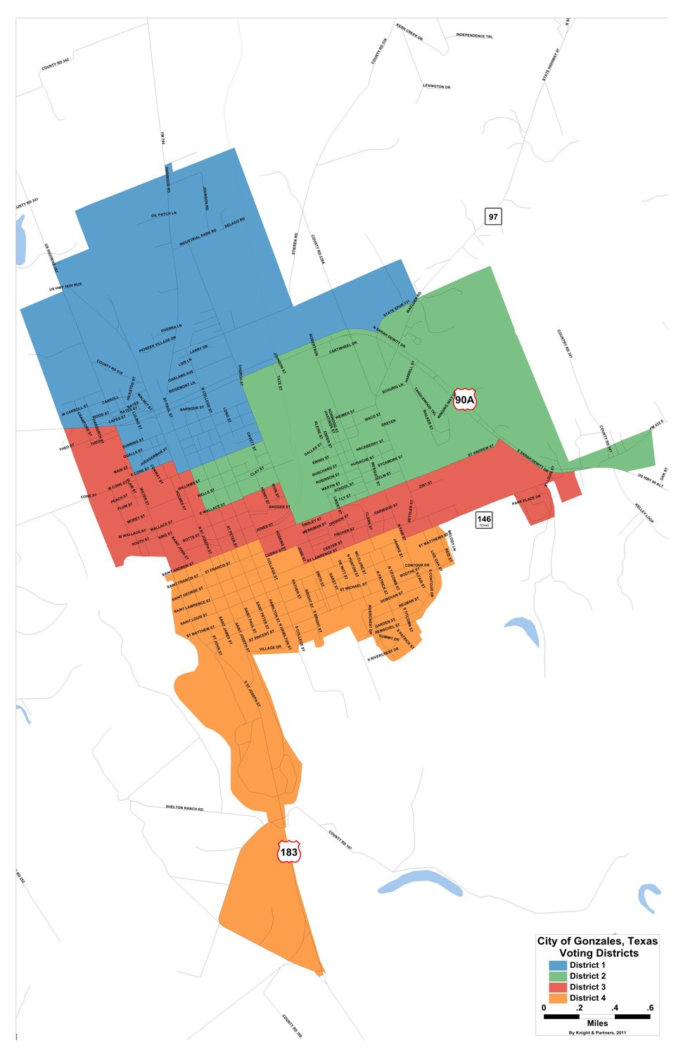 This maps shows the boundaries for the four council districts in Gonzales.