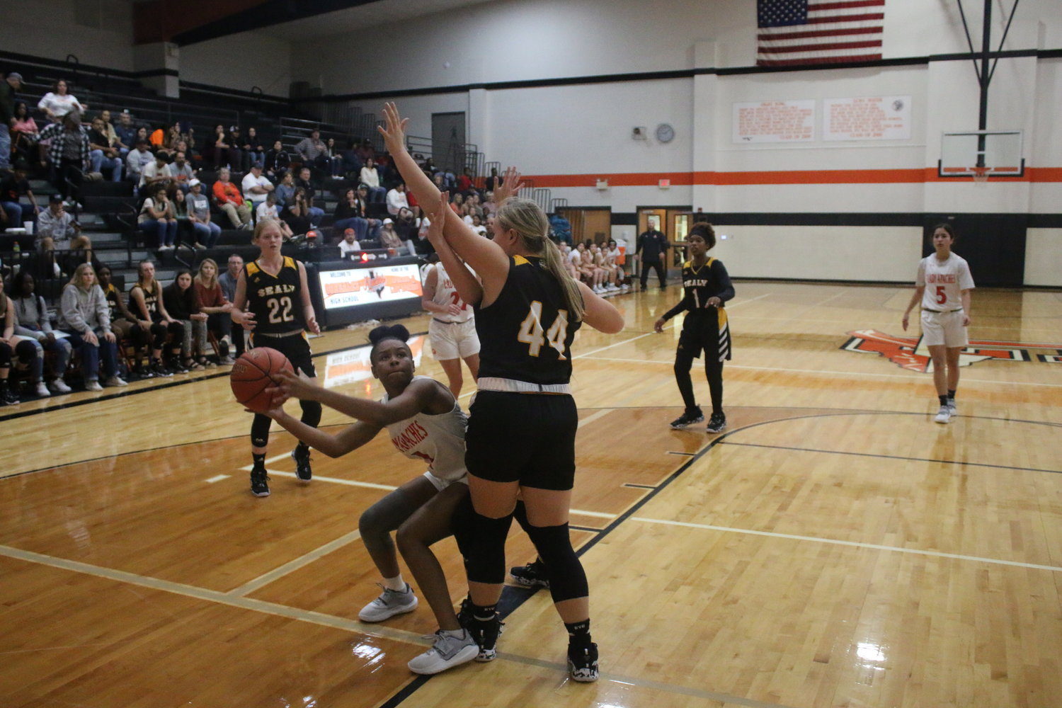 Niyahna Lowery tries to get around a Sealy defender in the Lady Apaches 66-54 win Tuesday.