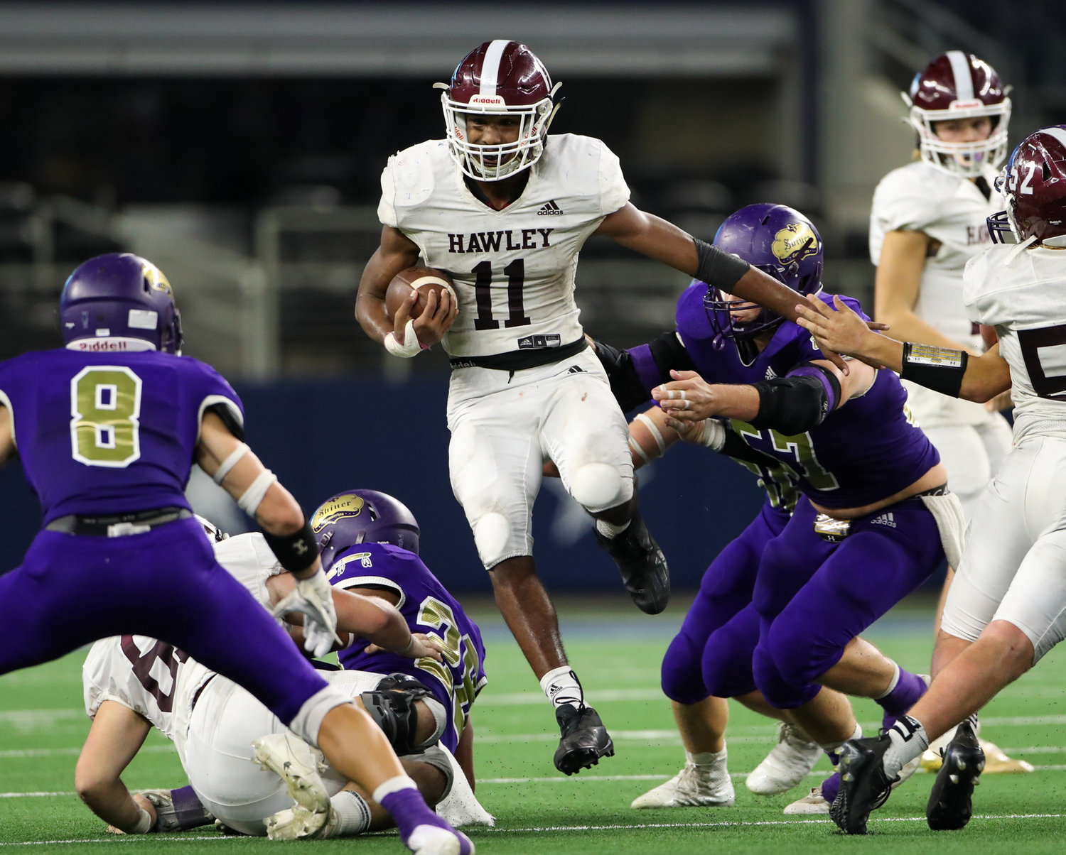 Hawley Bearcats sophomore Diontay Ramon (11) carries the ball during the Class 2A Division I state football championship game between Shiner and Hawley on December 15, 2021 in Arlington, Texas.
