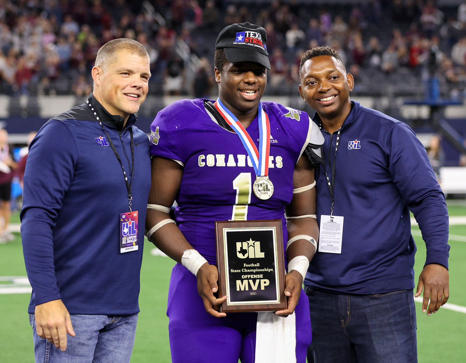 Shiner Comanches senior Doug Brooks (1) was named offensive MVP of the Class 2A Division I state football championship game between Shiner and Hawley on December 15, 2021 in Arlington, Texas. Shiner won 47-12 and Brooks carried the ball 16 times for 210 yards and two touchdowns.