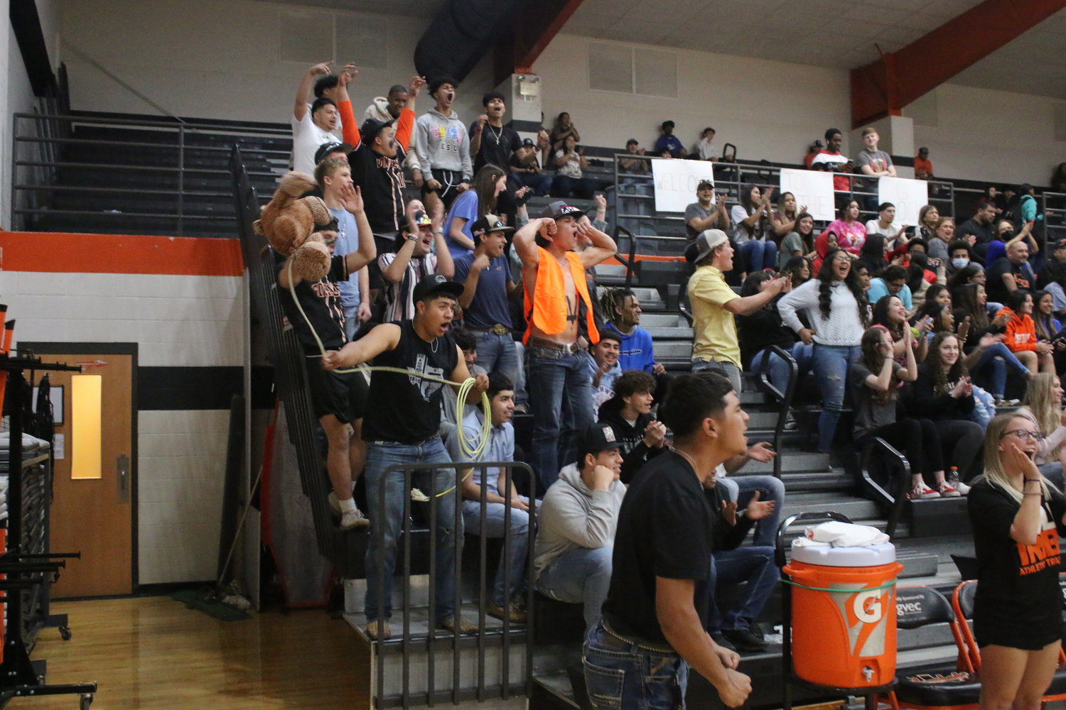 The Gonzales High School student section went wild every time the Apaches scored in Tuesday night’s game. Students painted their chests and swung around a teddy bear tied to a rope since Gonzales was hosting the La Vernia Bears. They also heckled opposing players any time at every opportunity.
