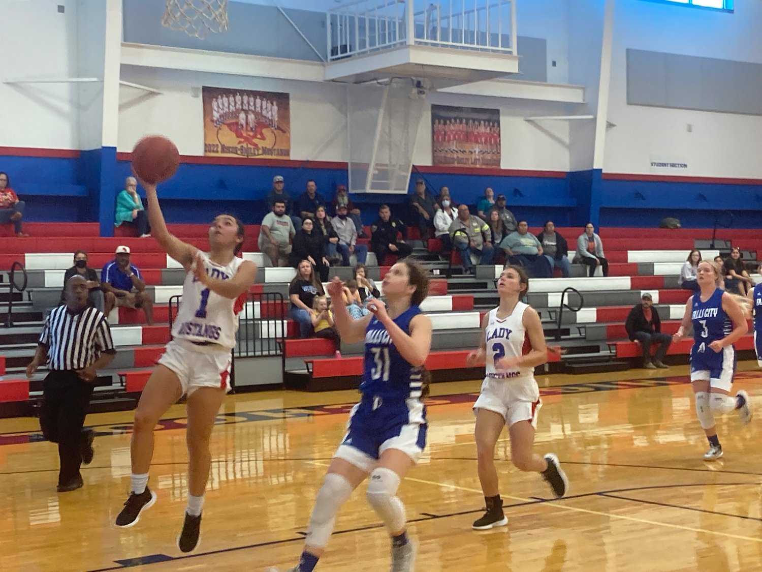 UP AND IN – Mady Velasquez (1) lays it up for two of her 11 points against Falls City.