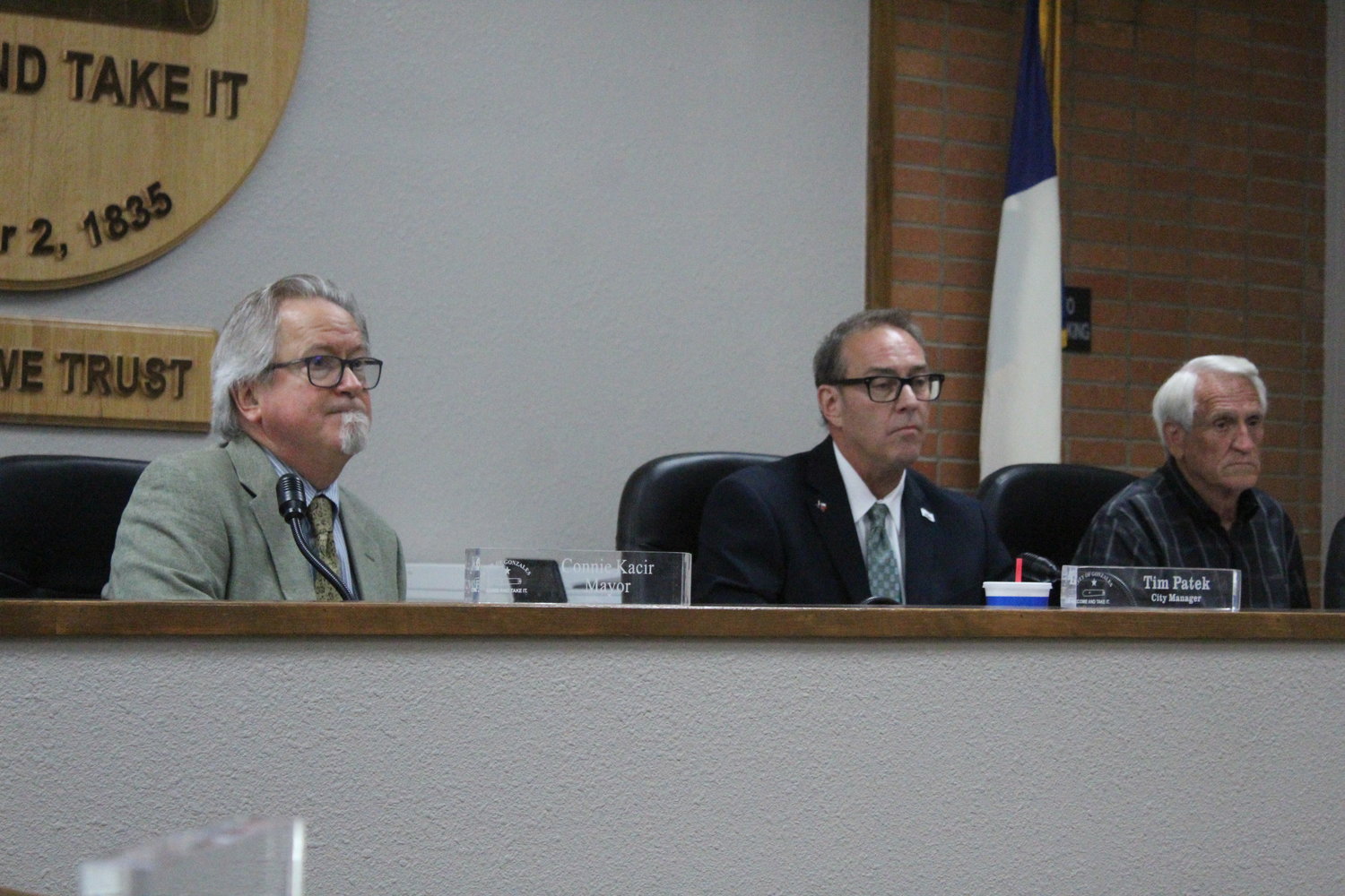 Mayor S.H. “Steve” Sucher next to the City Manager Tim Patek and Councilman Bobby O’Neal for their first meeting together Tuesday, June 21.