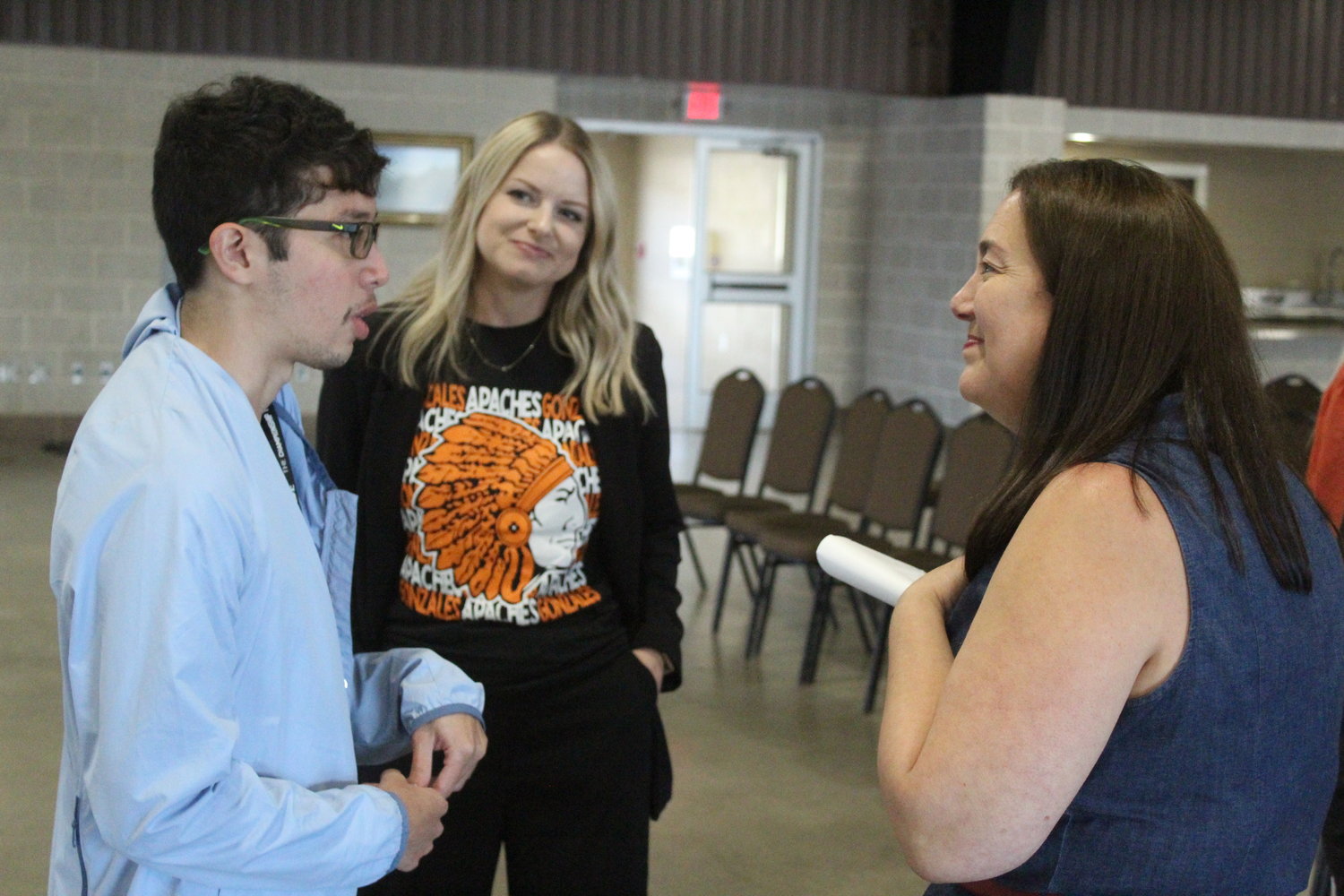 Former Gonzales student now Campus Technician Carlos Blanco with his former English teacher now GISD Director of Federal Programs Amanda Fullilove with Erin Gruwell. Blanco talks about working as peers with his former English teacher since graduating from GHS in 2016.