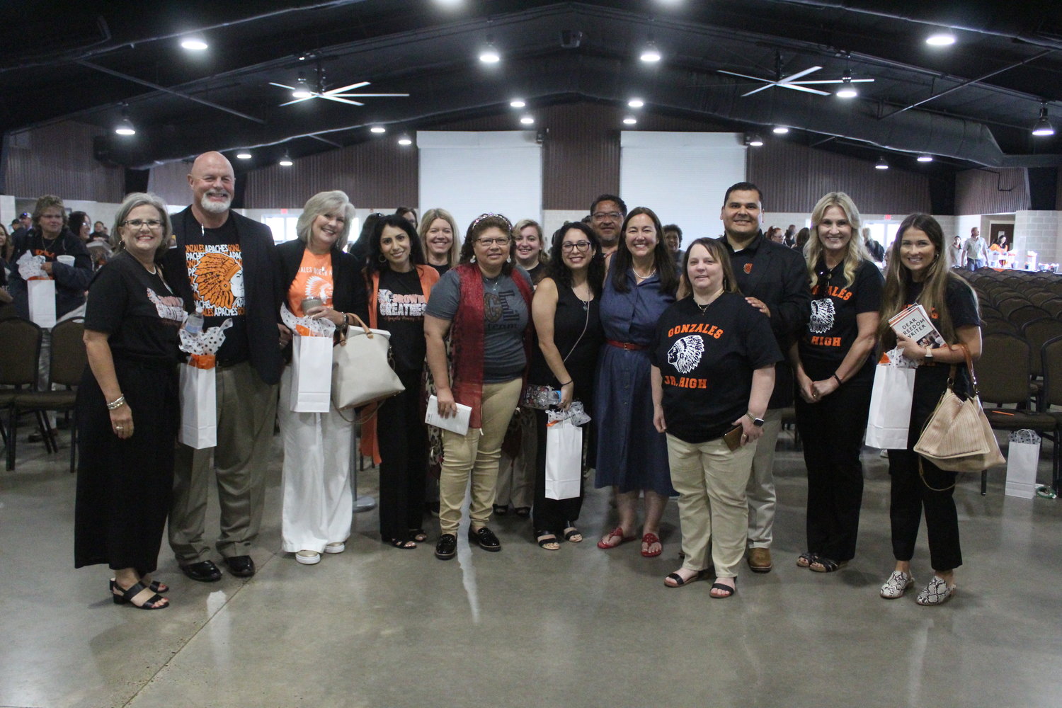 Erin Gruwell with GISD teacher, staff and administrators after the conclusion of Gruwell’s speech.