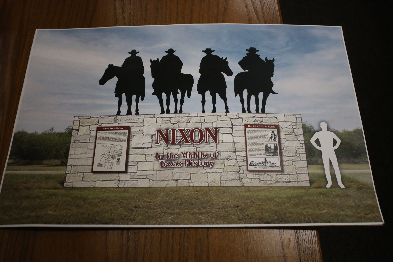 Artist renderings show two possible entrance monuments that would be erected outside a potential Ranch Nixon Historical Association museum to honor the cowboy and ranching heritage of the Nixon area.