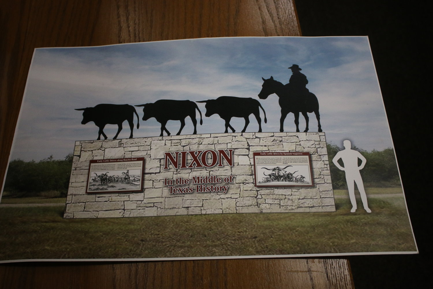 Artist renderings show two possible entrance monuments that would be erected outside a potential Ranch Nixon Historical Association museum to honor the cowboy and ranching heritage of the Nixon area.
