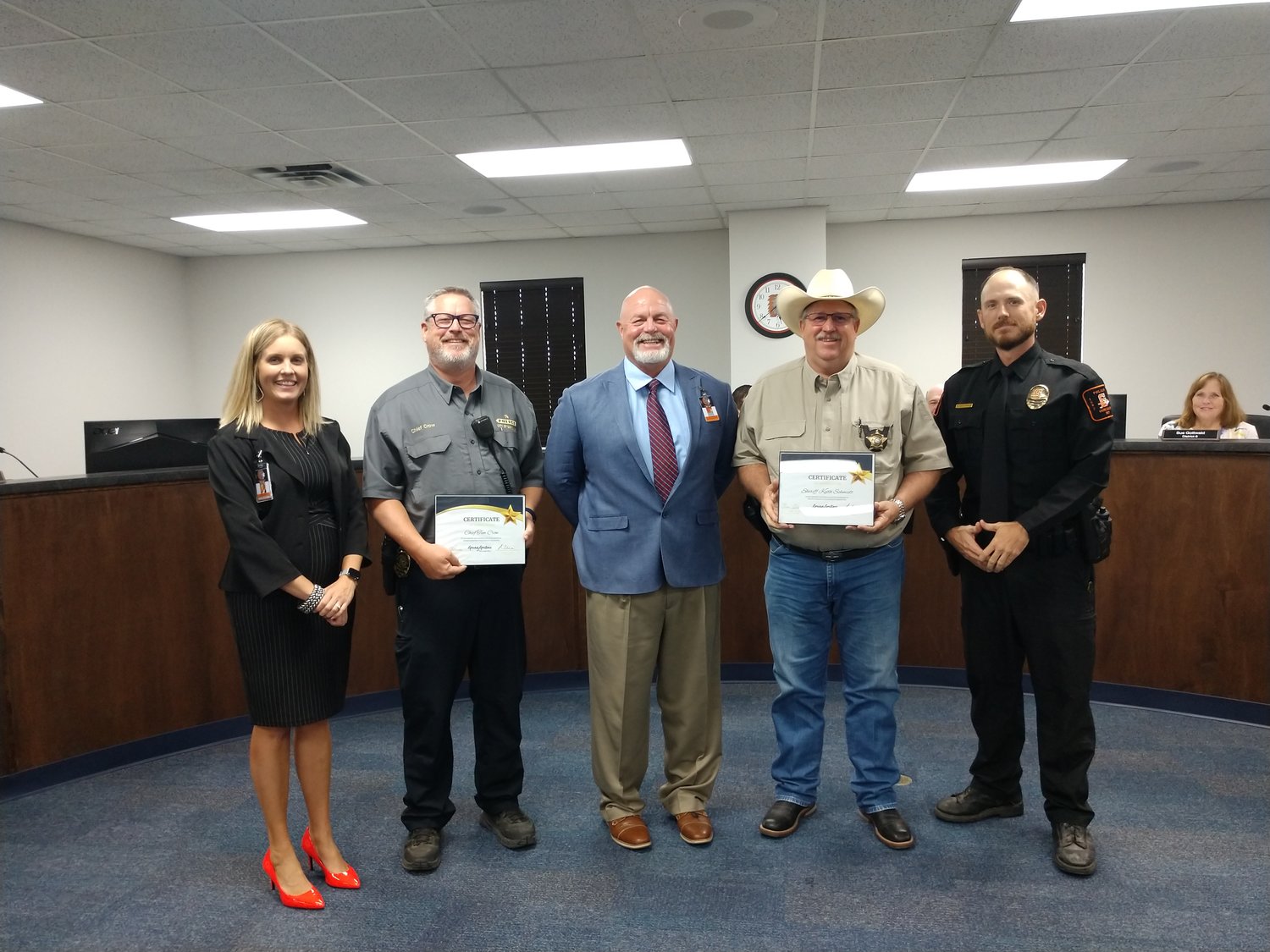 The Gonzales ISD School Board shows their appreciation to the local law enforcement in Gonzales County for their input for the Guardian Program. From Left, GISD’s Robin Trojack, Gonzales Police Chief Tim Crow, GISD’s Gene Kridler, Gonzales County Sheriff Keith Schmidt and GISD Police Chief Ross Gottwald.